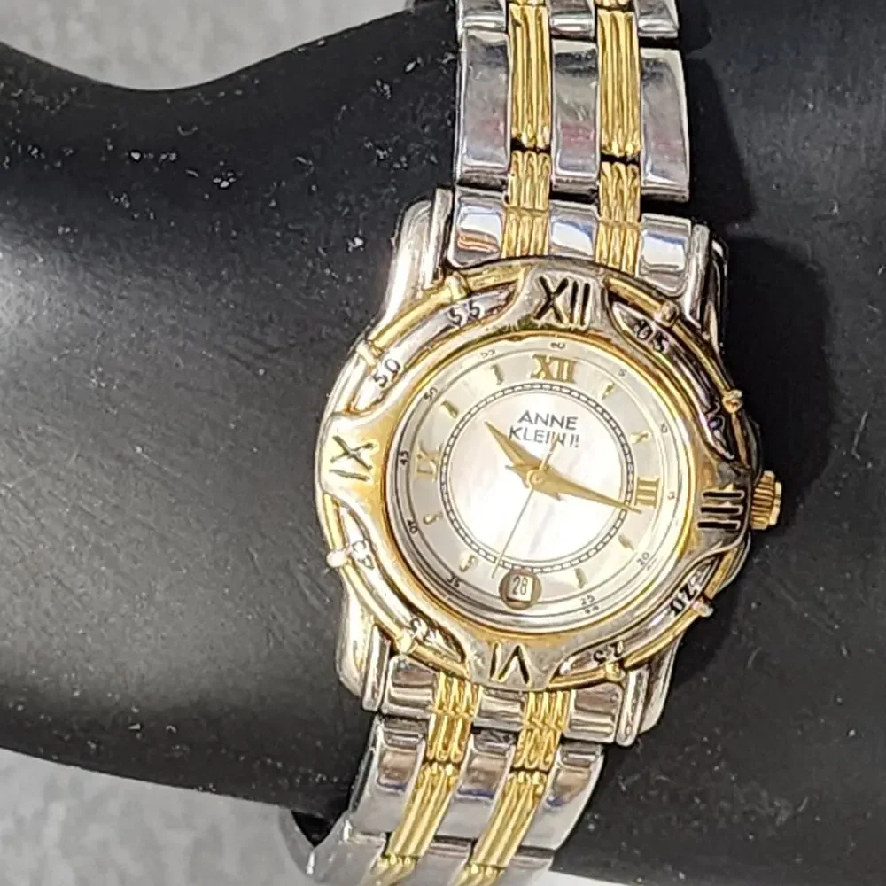 Anne Klein II Women's Quartz Date Watch Mother Of Pearl Gold-Silver Tone 1980's